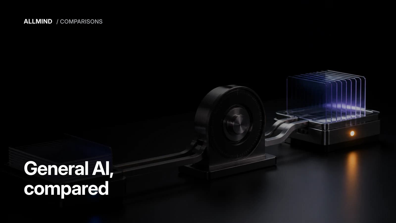 Editorial cover reading 'General AI, compared' over a machine feeding a stack of glass sheets across a dark desk
