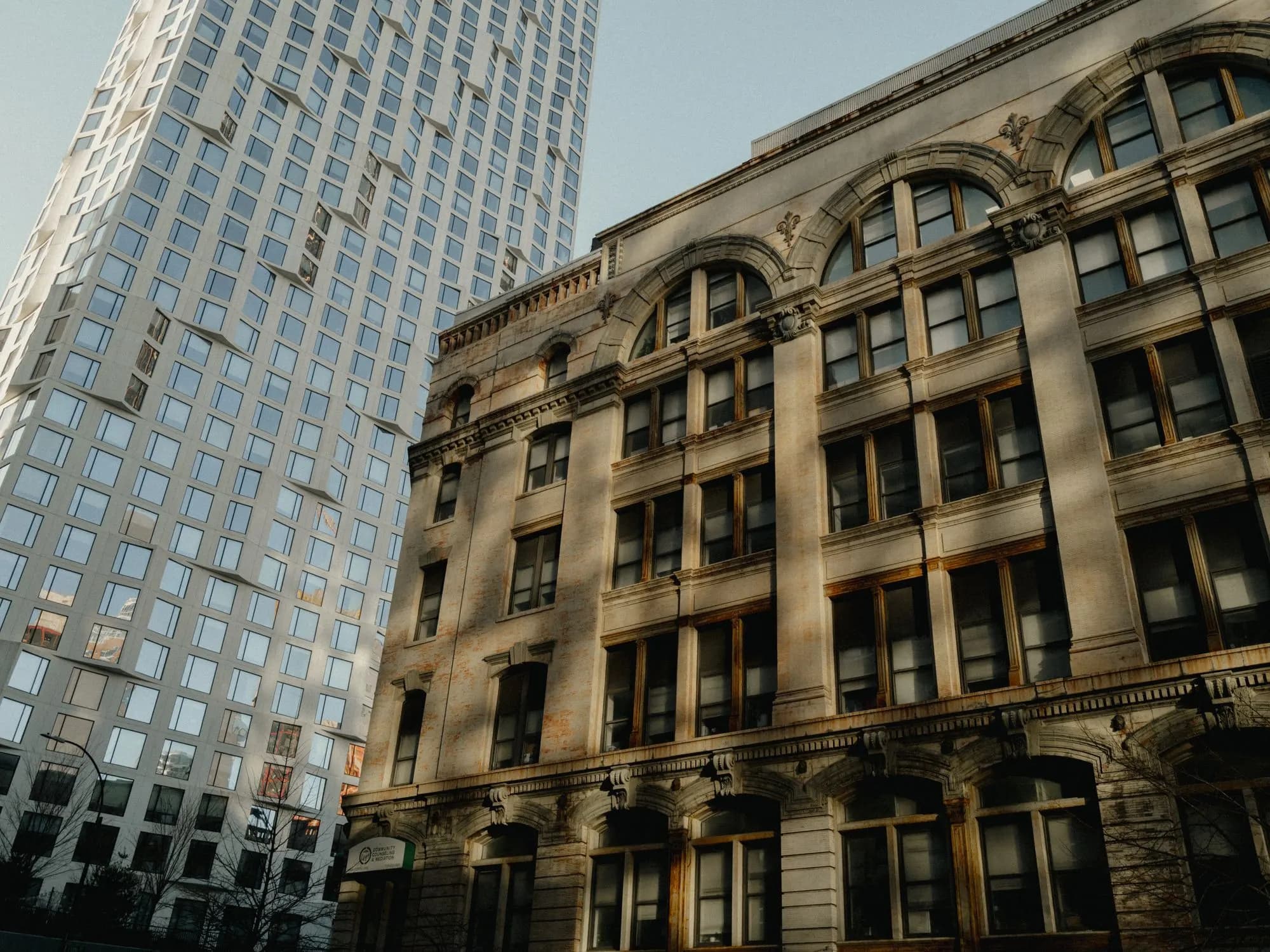 A financial-district building at golden hour